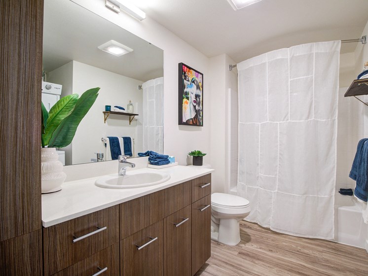 Bathroom with Cabinets, Wood Inspired Floors, Toilet and Shower Curtain
